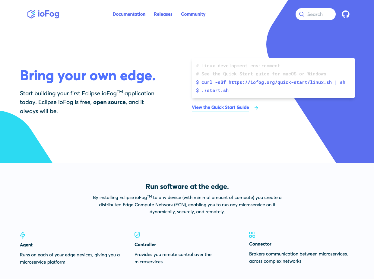 A screenshot of the ioFog homepage