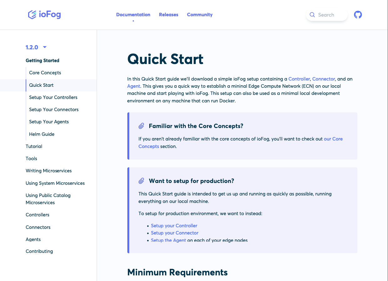 A screenshot of the ioFog documentation area homepage